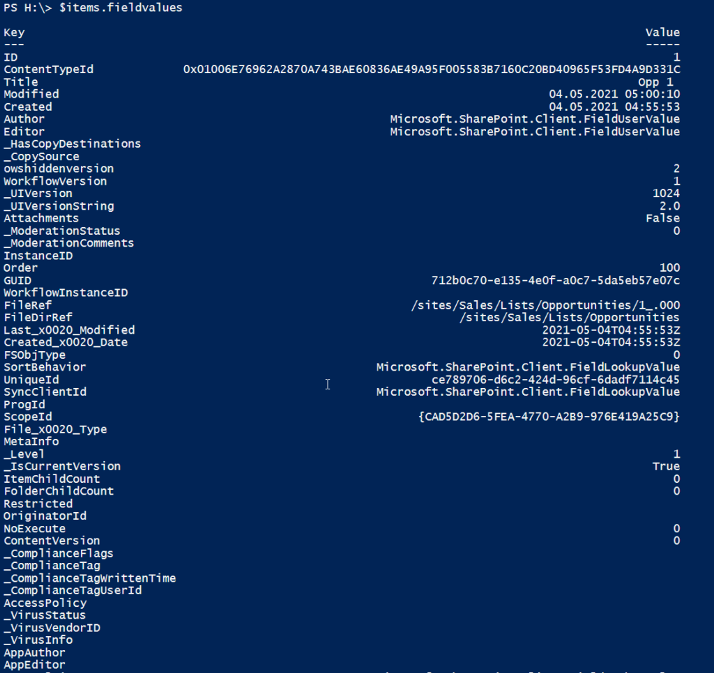 Screenshot of all values of items
