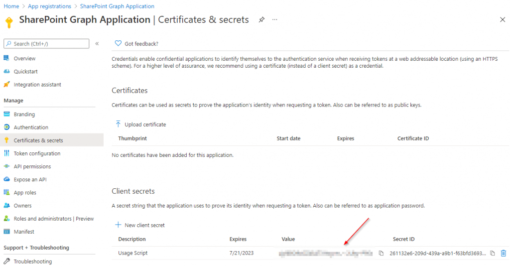 Client Secret for Graph API obfuscated 