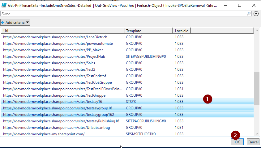 Choice of sites, which have to be deleted