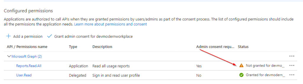 not granted permissions screenshot for Graph API