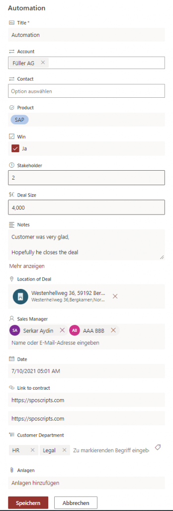 Final result with all values