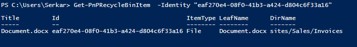 Screenshot of a specific item in the recycle bin in PowerShell