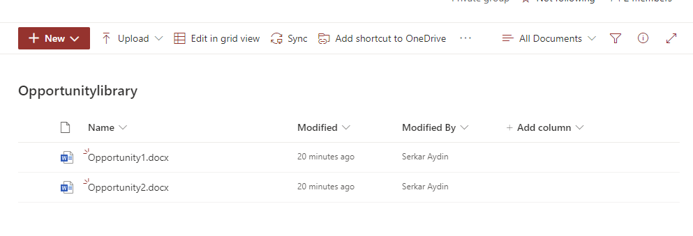 Screenshot of a SharePoint library, where the opportunity2.docx could be restored succesfully