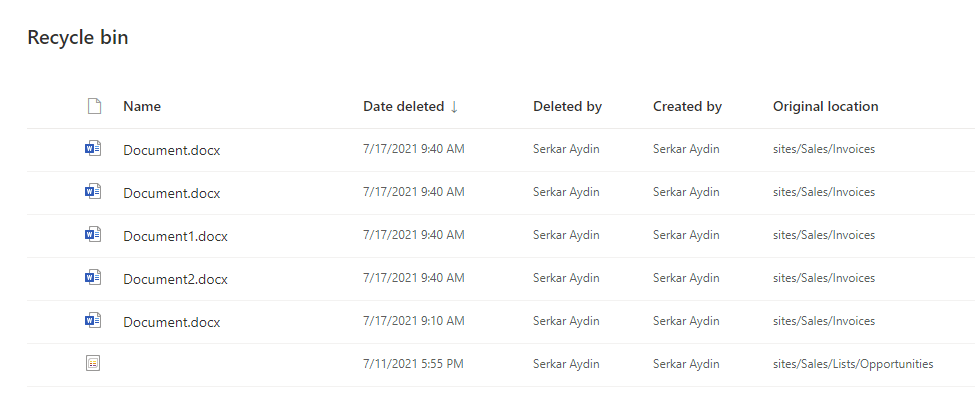 Screenshot of a SharePoint site recycle bin, where the file opportunit2.docx could not be found.