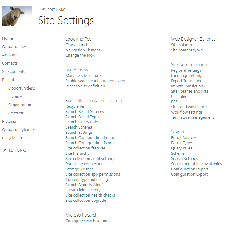 Screenshot of site settings as a site collection admin