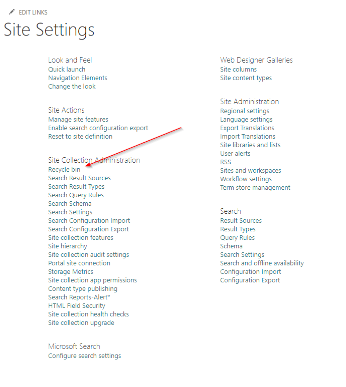 Screenshot of the recycle bin setting in the site settings