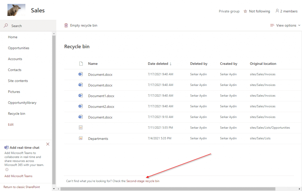 Screenshot of first stage recycle bin, with the hint to the second stage recycle bin