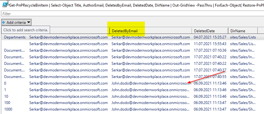 Screenshot of the out gridview output, which shows all the items in the recycle bin