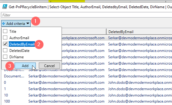 Screenshot of the out gridview output, which shows the SharePoint files, with filtering options