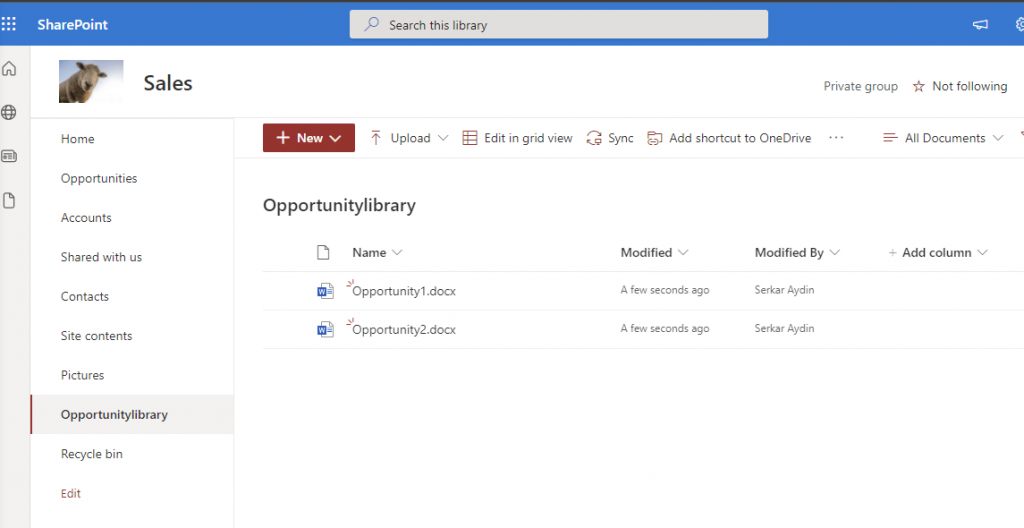 Screenshot of the document library Opportunitylibrary