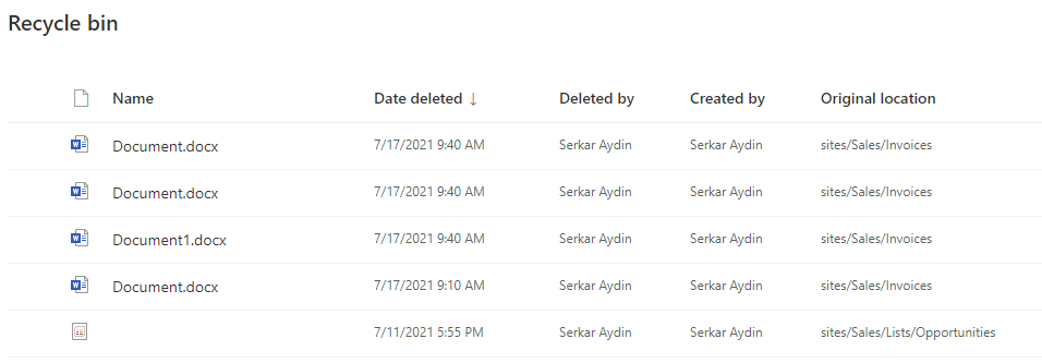 Screenshot of the recycle bin after the restore of SharePoint files
