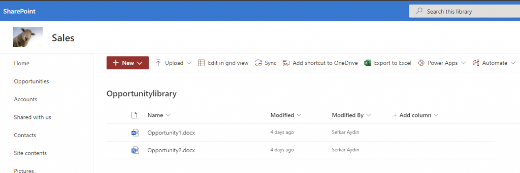 Screenshot of a SharePoint Library, where we want to download a SharePoint file