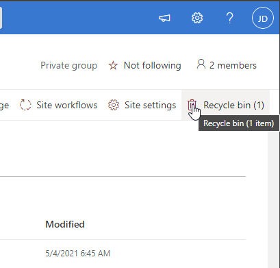 Screenshot of link to the recycle bin