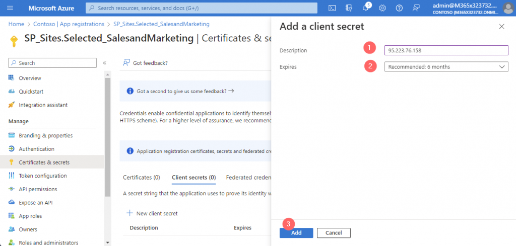 Screenshot of creation of app secret