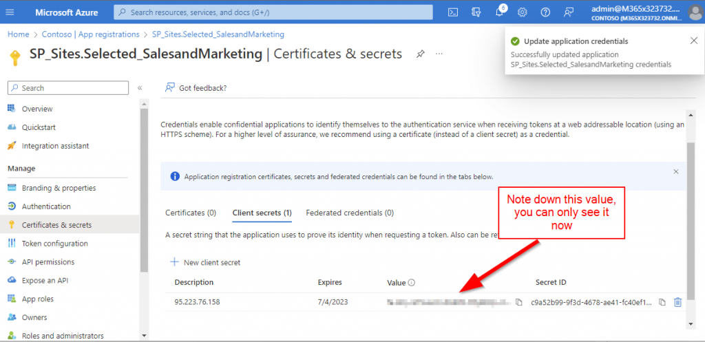 Screenshot of app secret