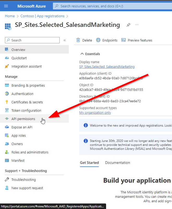 Screenshot of configuration blade for App API permissions