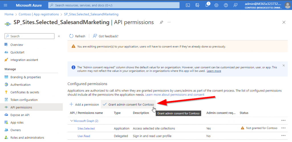 Screenshot of grant admin consent for tenant of the app registration