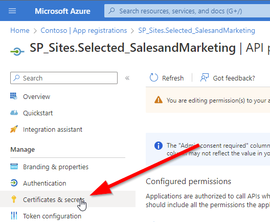 Screenshot of Certificates & secrets blade