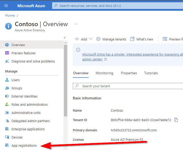 Screenshot of the App registrations shortcut